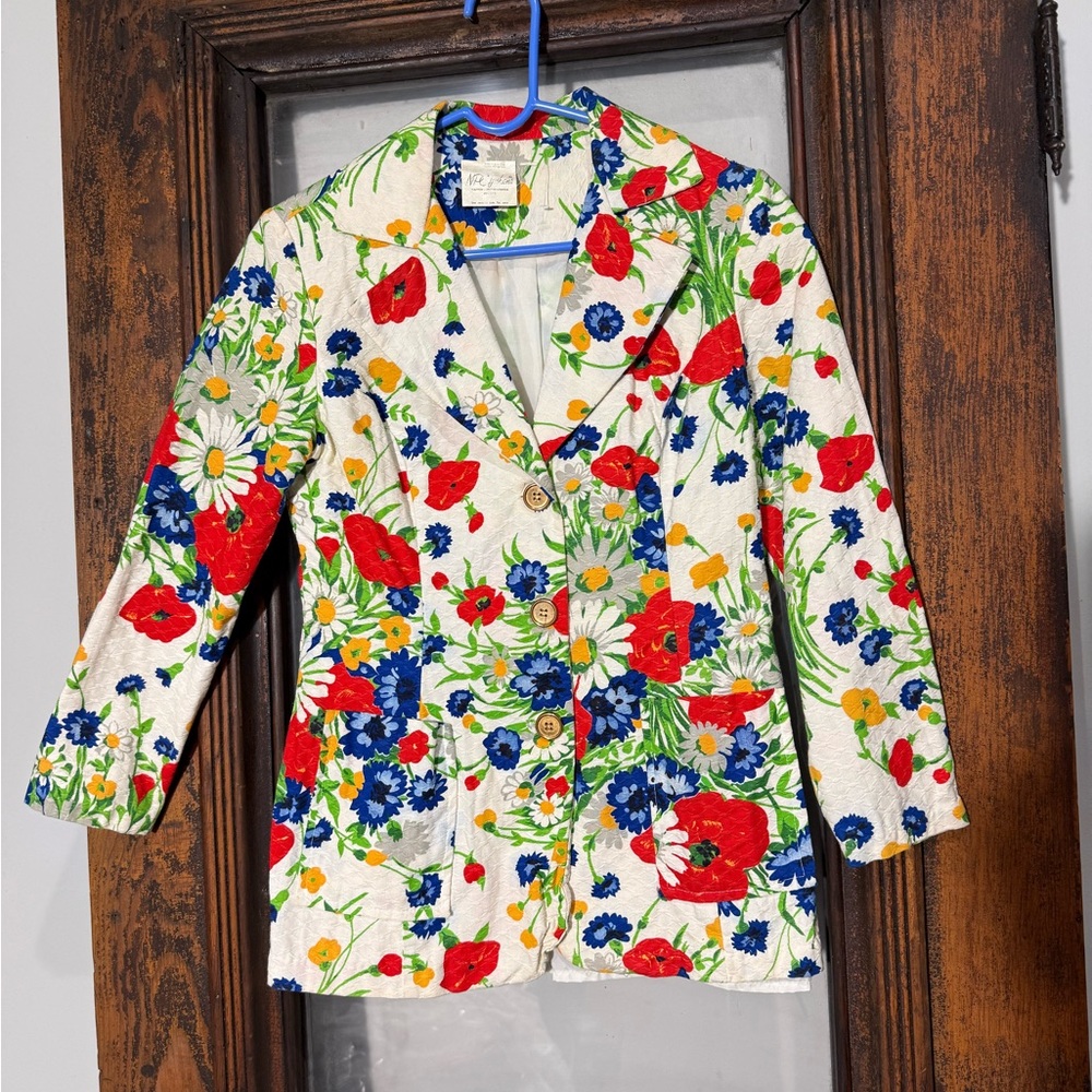 70s Vintage Floral Women's Blazer with Red and Blue Accents